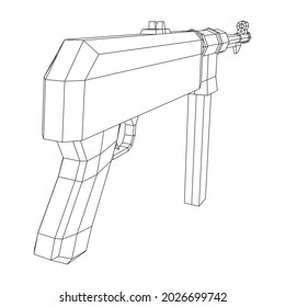 Submachine gun german MP 40 world war 2 firearms pistol. Wireframe low poly mesh vector illustration.