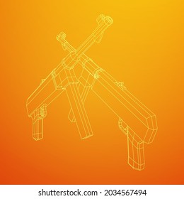 Submachine gun german MP 40 world war 2 firearms pistol. Wireframe low poly mesh vector illustration.