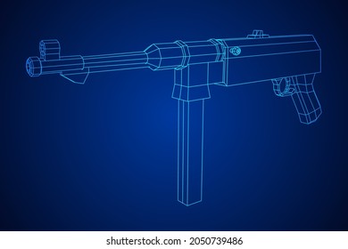 Subametralladora alemana MP 40 mundial 2 pistola de armas de fuego. Ilustración vectorial de malla baja de malla de malla de alambre.
