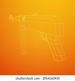 Submachine gun german MP 40 world war 2 firearms pistol. Wireframe low poly mesh vector illustration.