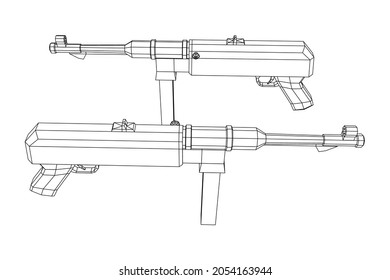 Subametralladora alemana MP 40 mundial 2 pistola de armas de fuego. Ilustración vectorial de malla baja de malla de malla de alambre.