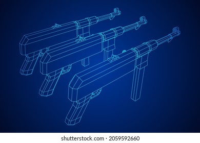 Submachine gun german MP 40 world war 2 firearms pistol. Wireframe low poly mesh vector illustration.