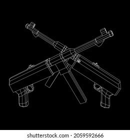 Submaschinengewehr MP 40 Weltkrieg 2 Feuerwaffenpistole. Wireframe Low-Poly-Mesh, Vektorgrafik.
