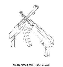 Submachine gun german MP 40 world war 2 firearms pistol. Wireframe low poly mesh vector illustration.