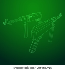 Submachine gun german MP 40 world war 2 firearms pistol. Wireframe low poly mesh vector illustration.