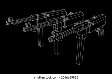 Subametralladora alemana MP 40 mundial 2 pistola de armas de fuego. Ilustración vectorial de malla baja de malla de malla de alambre.