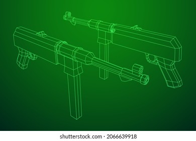 Submachine gun german MP 40 world war 2 firearms pistol. Wireframe low poly mesh vector illustration.