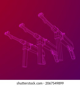 Submaschinengewehr MP 40 Weltkrieg 2 Feuerwaffenpistole. Wireframe Low-Poly-Mesh, Vektorgrafik.