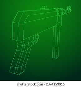 Submachine gun german MP 40 world war 2 firearms pistol. Wireframe low poly mesh vector illustration.