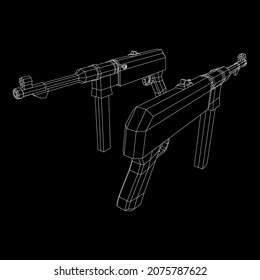 Subametralladora alemana MP 40 mundial 2 pistola de armas de fuego. Ilustración vectorial de malla baja de malla de malla de alambre.