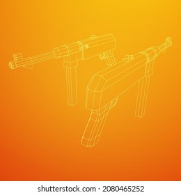 Submachine gun german MP 40 world war 2 firearms pistol. Wireframe low poly mesh vector illustration.