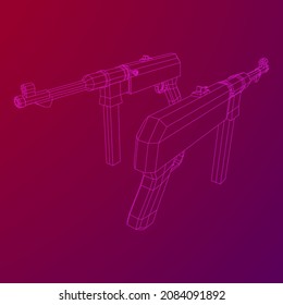 Submachine gun german MP 40 world war 2 firearms pistol. Wireframe low poly mesh vector illustration.