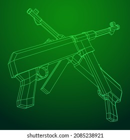 Submachine gun german MP 40 world war 2 firearms pistol. Wireframe low poly mesh vector illustration.