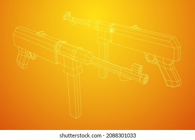 Submaschinengewehr MP 40 Weltkrieg 2 Feuerwaffenpistole. Wireframe Low-Poly-Mesh, Vektorgrafik.