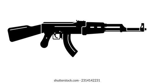 Submachine gun icon or sign isolated on white background. Kalashnikov or AK47 black silhouette. Vector illustration.