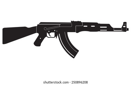 Submachine gun icon or sign isolated on white background. Kalashnikov or AK47 black silhouette. Vector illustration.