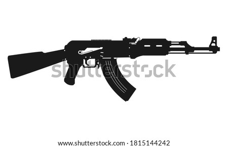 Submachine gun icon or sign isolated on white background. AK47 black silhouette. Vector illustration.