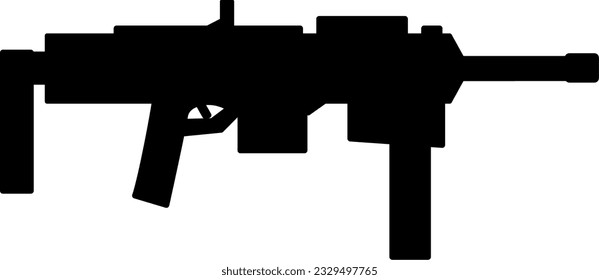 Ilustración vectorial de icono de arma auxiliar. Silueta de submetralladora para icono, símbolo o signo. Símbolo de subametralladora para el diseño de armas, armas, armamento, ejército, guerra, campo de batalla y ejército