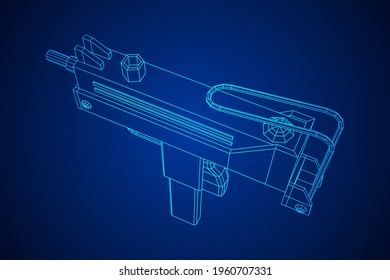 Submachine gun modern firearm pistol. Wireframe low poly mesh vector illustration.