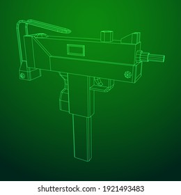 Pistola moderna de armas de fuego subametralladoras. Ilustración vectorial de malla baja de malla de malla de alambre.
