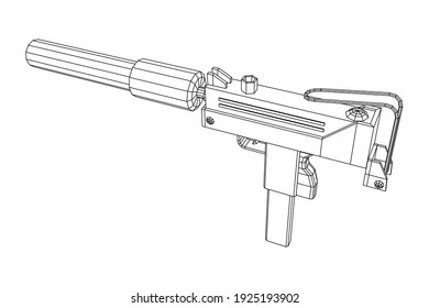 Pistola de armas de fuego modernas con silenciador. Ilustración vectorial de malla baja de malla de malla de alambre.