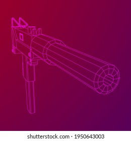 Pistola de armas de fuego modernas con silenciador. Ilustración vectorial de malla baja de malla de malla de alambre.