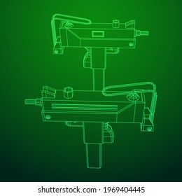 Pistola moderna de armas de fuego subametralladoras. Ilustración vectorial de malla baja de malla de malla de alambre.
