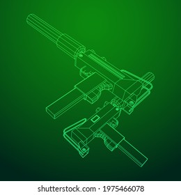 Submachine gun modern firearms pistol with silencer. Wireframe low poly mesh vector illustration.
