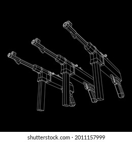 Untermaschinenpistole MP 40 Weltkrieg 2 Feuerwaffen Pistole. Wireframe Low-Poly-Mesh, Vektorgrafik.