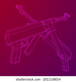 Submachine gun MP 40 world war 2 firearms pistol. Wireframe low poly mesh vector illustration.