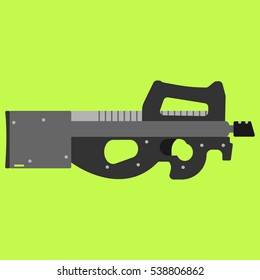 Submachine gun security and military weapon. Metal automatic gun. Criminal and police firearm vector illustration