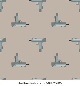 Submachine gun security and military weapon. Metal automatic gun. Seamless pattern, tiling ornament vector illustration