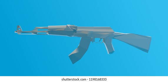 Submachine Kalashnikov or AK47 Vector Illustration on Blue Background Low Poly 3D Rendering