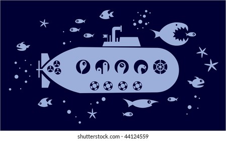 Submarin into the ocean surrounded by fishes