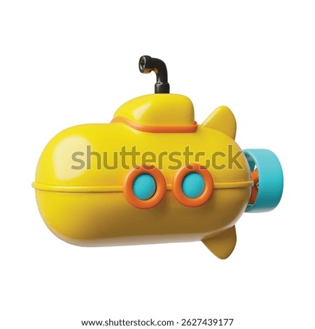 Submarine 3D plastic style vector icon. Cartoon yellow underwater ship. Navy vehicle with periscope, portholes and blades. Realistic undersea transportation for marine journey or nautical exploration