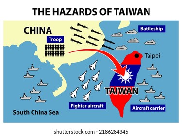 Submarine, aircraft, battleships and troops from China to Taiwan and from Taiwan to China. Concept risks to Taiwan of War with China. Missile crisis. The hazard of Taiwan. Vector illustration.