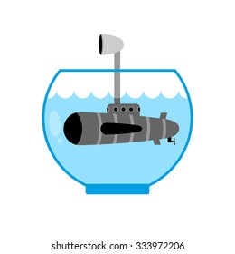 Submarine in Aquarium. Periscope above water. Monitoring space. Miniature aqua transport