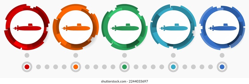 Submarine, army concept vector icon set, modern design abstract web buttons in 5 color options, infographic template for webdesign and mobile apps