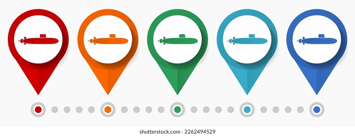 U-Boot, Armeekonzernsatz, Vektorsymbol, Flachdesign-Zeiger, Infografik-Vorlage