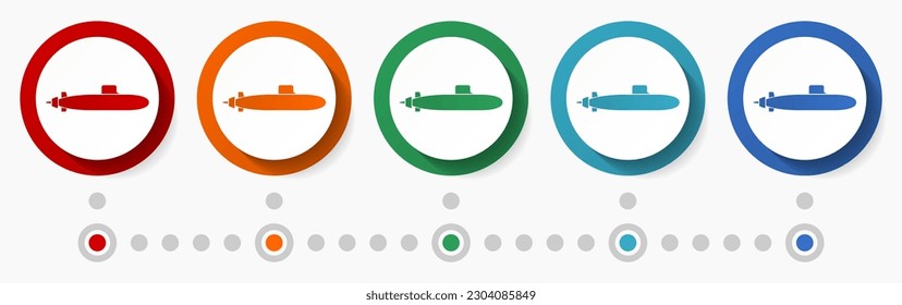 Submarine, army concept vector icon set, infographic template, flat design colorful web buttons in 5 color options
