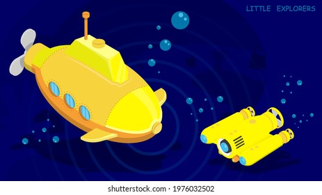 submarine and autonomous underwater robot drone conduct research and video filming of the seabed. Vector in cartoon style