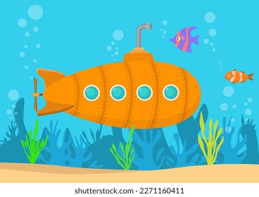 Submarine Background: Cartoon yellow submarine underwater with fish algae and corals