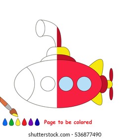 Submarine to be colored, the coloring book to educate preschool kids with easy kid educational gaming and primary education of simple game level. The colorless half of picture to be colored by sample.
