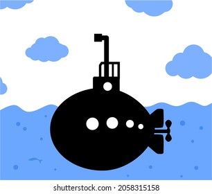Submarine black silhouette sailing on blue sea surface, vector cartoon color illustration horizontal
