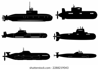 Submarine black silhouette set. Isolated on a white background. logos, icons