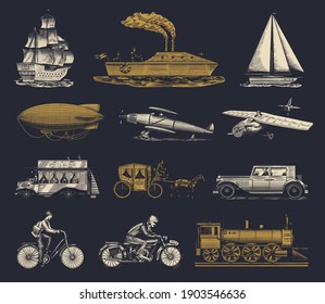 Submarine, boat and car, motorbike, Horse-drawn carriage. Airship or dirigible, air balloon, airplanes corncob, locomotive. Engraved hand drawn in old sketch style, vintage passengers transport.