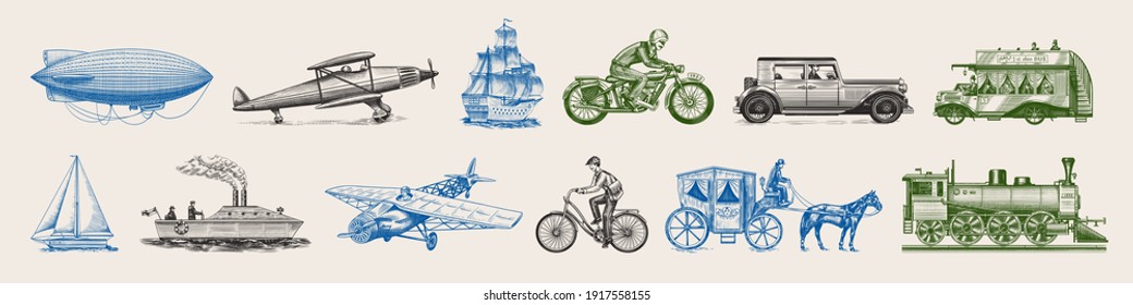 Submarine, boat and car, motorbike, Horse-drawn carriage. Airship or dirigible, air balloon, airplanes corncob, locomotive. Engraved hand drawn in old sketch style, vintage passengers transport.