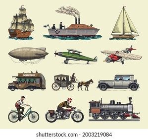 Submarine, boat and car, motorbike, Horse-drawn carriage. Airship or dirigible, air balloon, airplanes corncob, locomotive. Engraved hand drawn in old sketch style, vintage passengers transport.