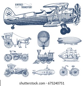 Submarine, boat and car, motorbike, Horse-drawn carriage. airship or dirigible, air balloon, airplanes corncob, locomotive. engraved hand drawn in old sketch style, vintage passengers transport.