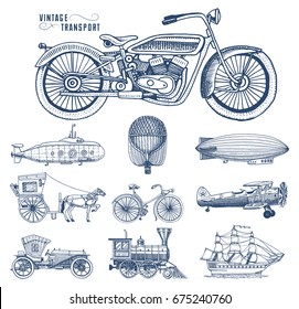 Submarine, boat and car, motorbike, Horse-drawn carriage. airship or dirigible, air balloon, airplanes corncob, locomotive. engraved hand drawn in old sketch style, vintage passengers transport.